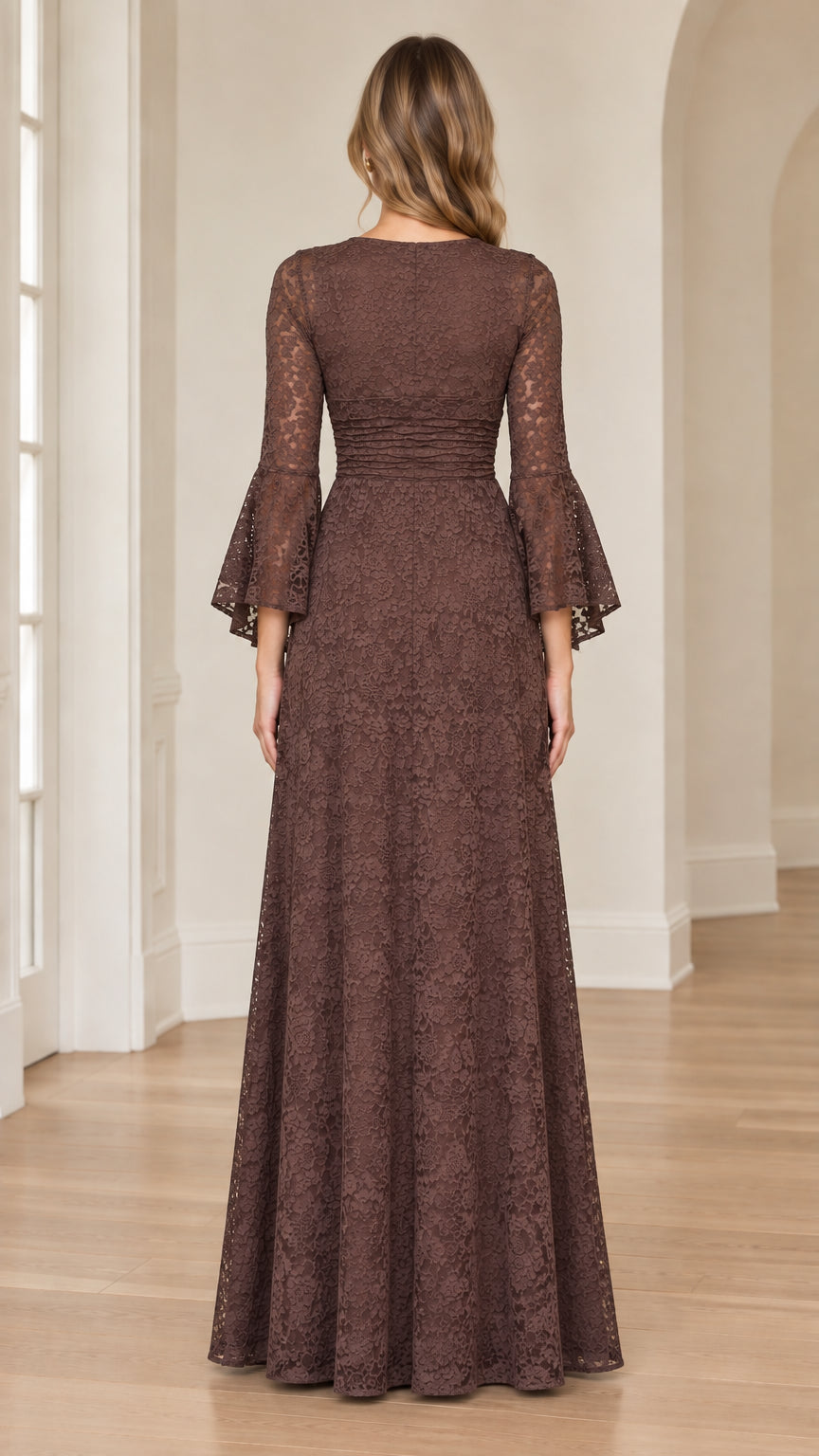 Back view of chocolate brown lace dress showing fitted waist and concealed zipper