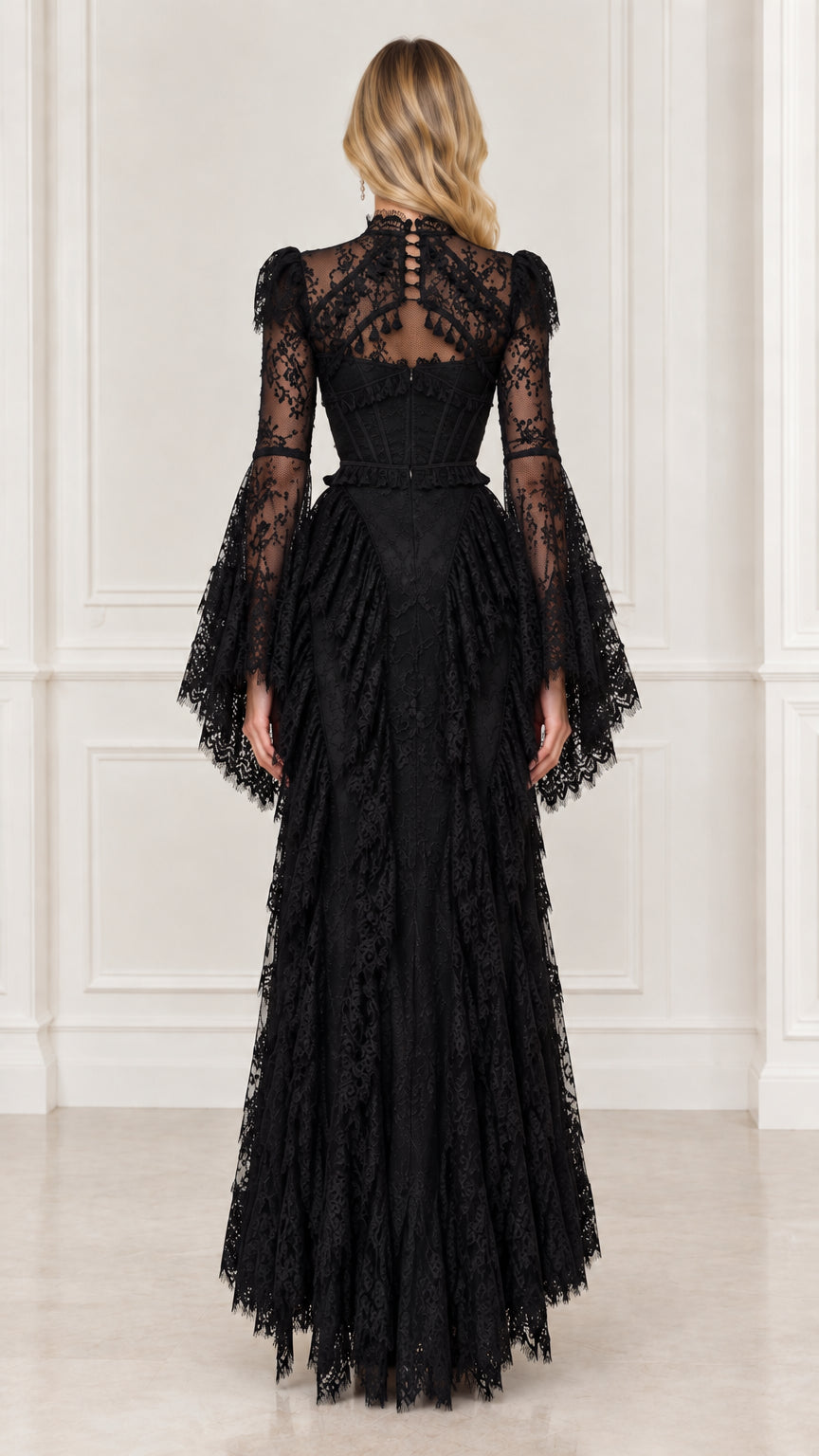 Back view of black high neck lace maxi dress with sheer lace back detailing