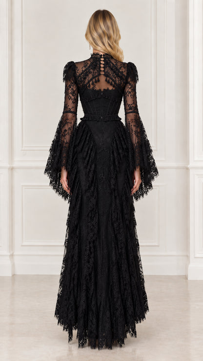 Back view of black high neck lace maxi dress with sheer lace back detailing