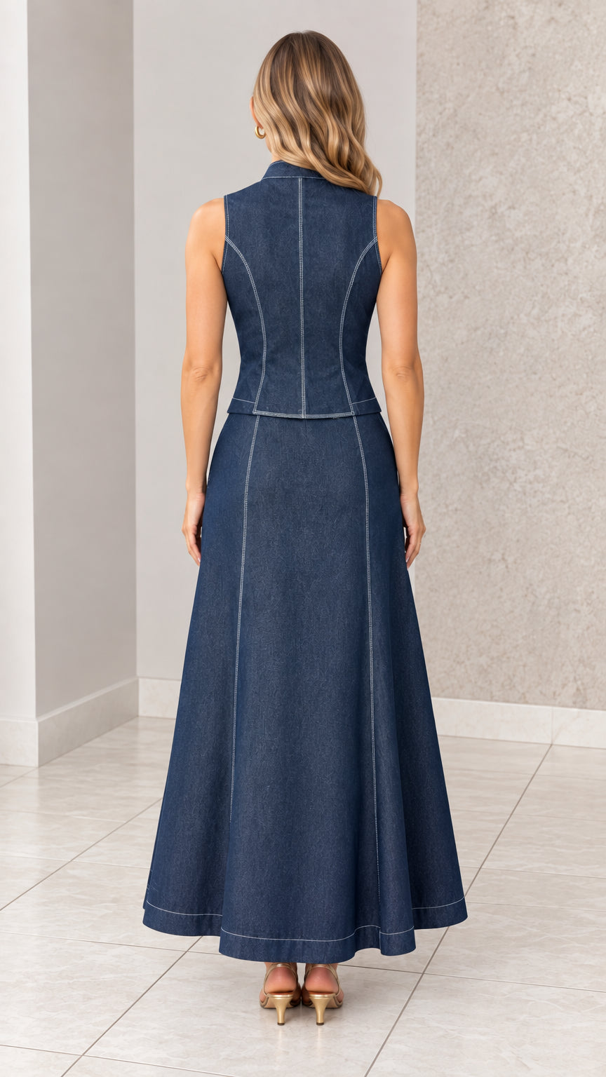 Back full-length view of dark blue tailored vest and maxi skirt set showing contrast seams