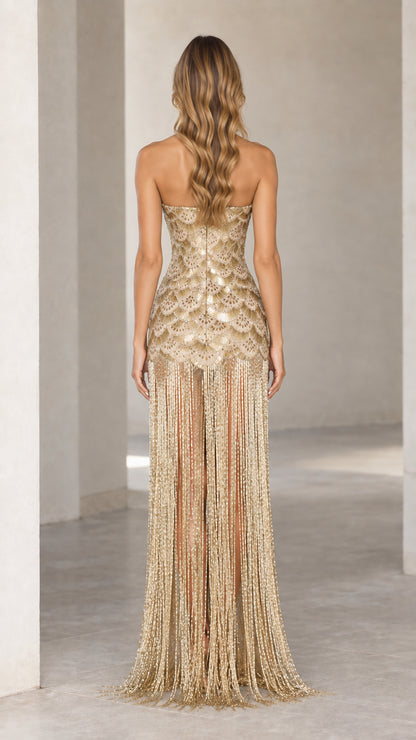 Back view of Champagne Gold strapless sequin fringe formal gown