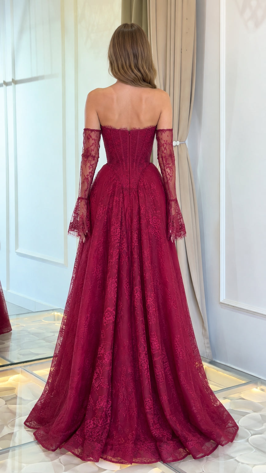 Back view of burgundy corset lace-up ballgown with floor-length lace skirt