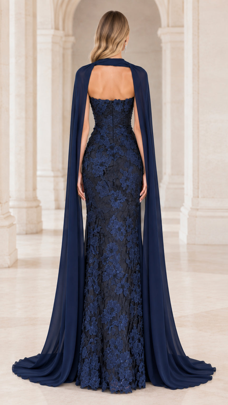 Navy Blue Strapless Lace Gown with Floor-Length Cape - Back View