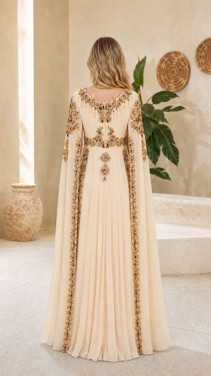 Back view of model showcasing long draped cape on champagne evening gown