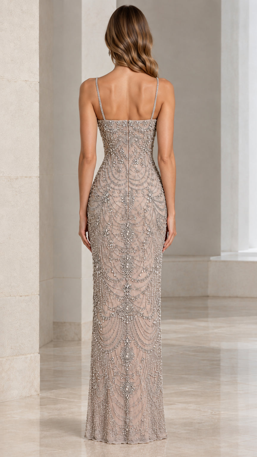 Back view of champagne embellished evening gown with square backline