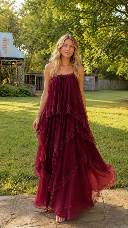 Burgundy tiered lace trim maxi dress with spaghetti straps front view