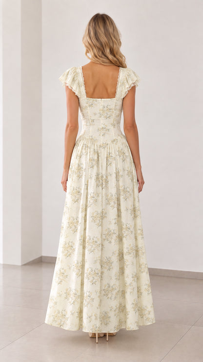 Back view of cream floral maxi dress showing square backline and maxi length
