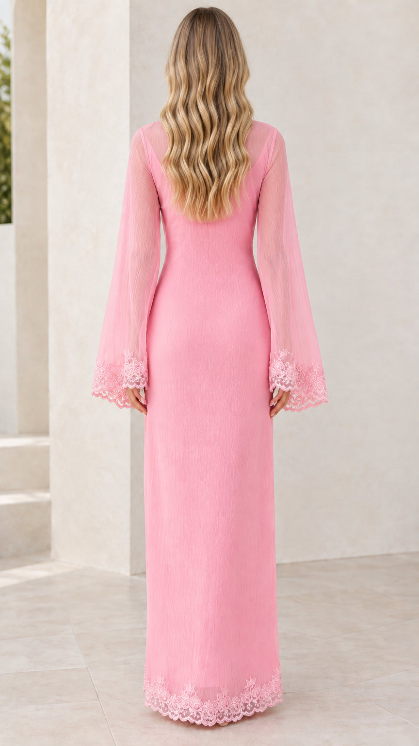 Back view of elegant pink formal maxi dress