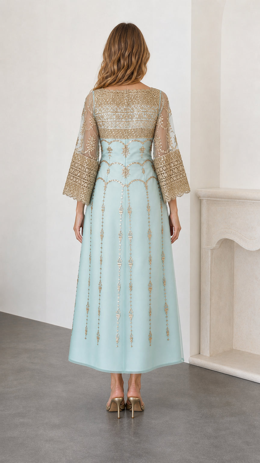 Back view of sky blue modest evening gown with bell sleeves