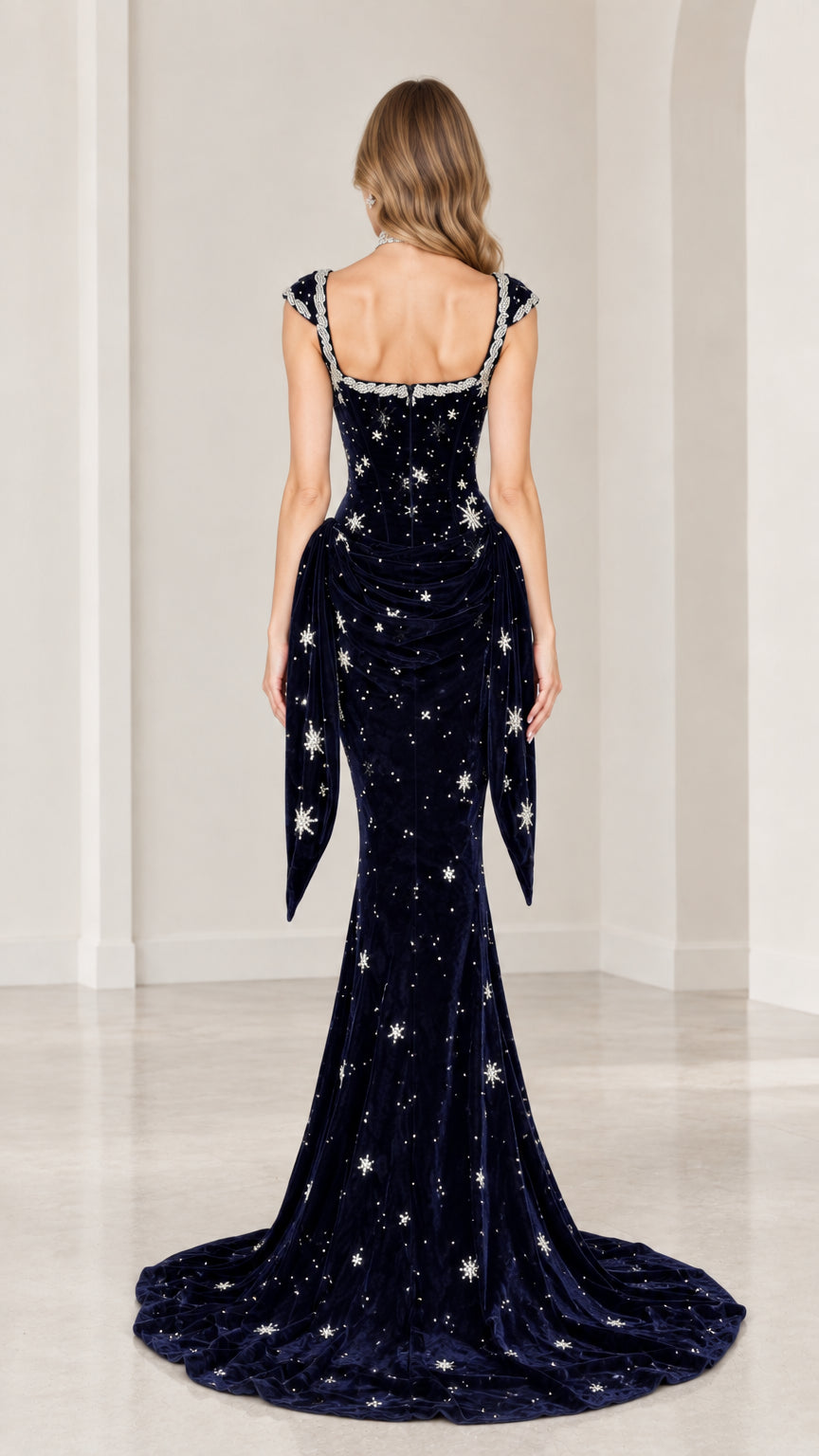Back view of navy blue velvet formal gown showing tailored fit and long train