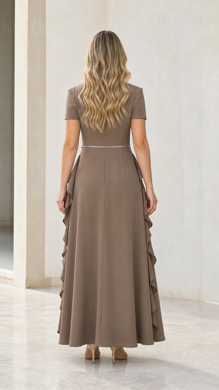 Taupe formal maxi gown back view with A-line skirt