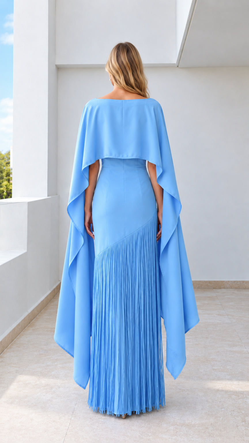 Sky blue formal cape dress back view showing flowing cape detail