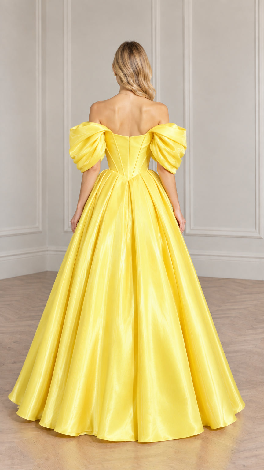 Back view of yellow off-the-shoulder satin ball gown showing back bodice design