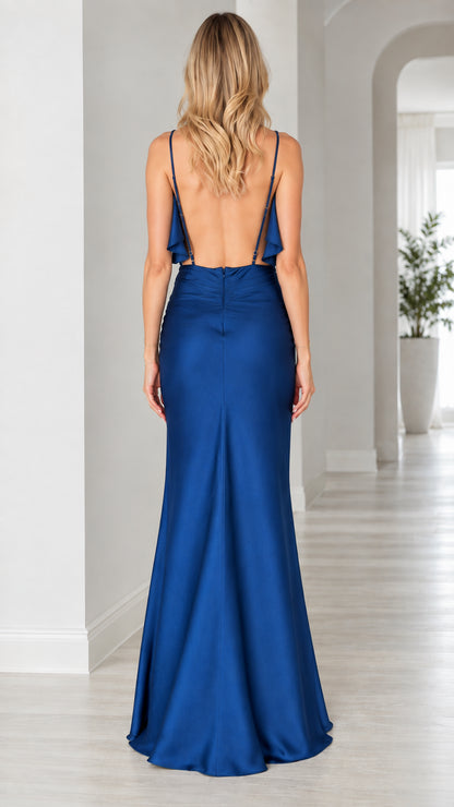 Back view of royal blue satin evening gown showing low back and thin straps