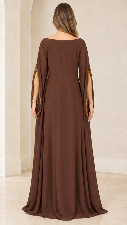 Back view of model wearing floor-length Chocolate Brown kaftan maxi dress