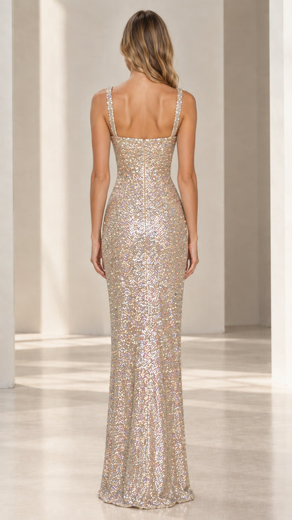 Champagne sequin sleeveless evening gown back view showing square neckline