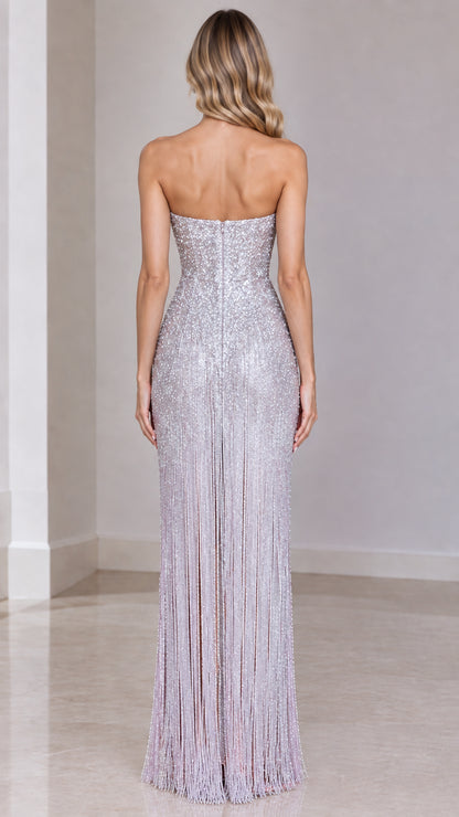 Silver strapless beaded evening gown back view