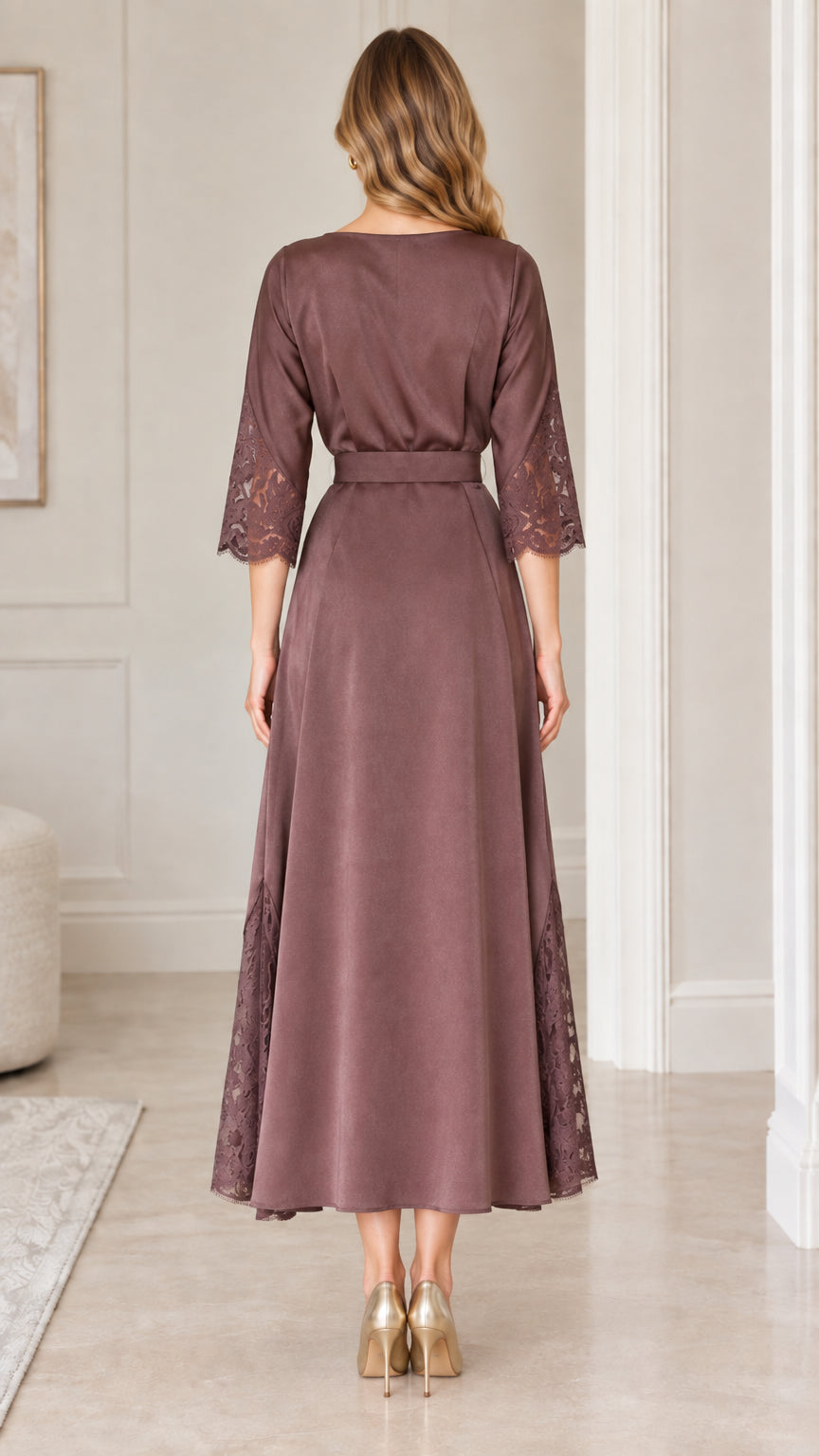 Back view of mauve A-line midi dress showing seamless zipper and modest silhouette