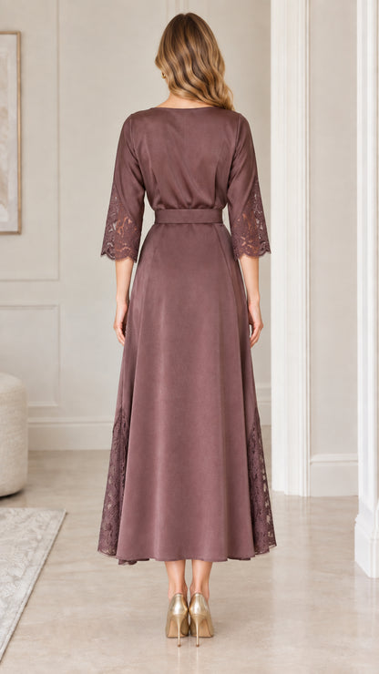 Back view of mauve A-line midi dress showing seamless zipper and modest silhouette