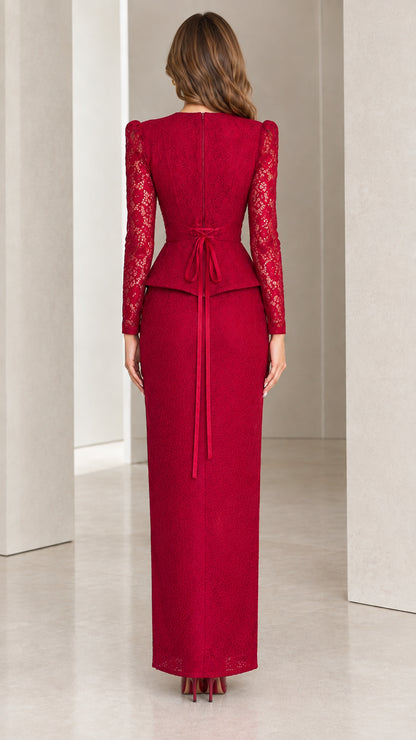 Back view of burgundy lace dress set highlighting corset tie ribbon and back zipper