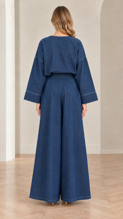 Women's denim blue wide-leg pant set back view
