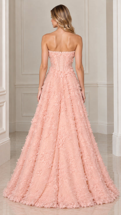 Back view of model in Blush Pink strapless corset evening dress
