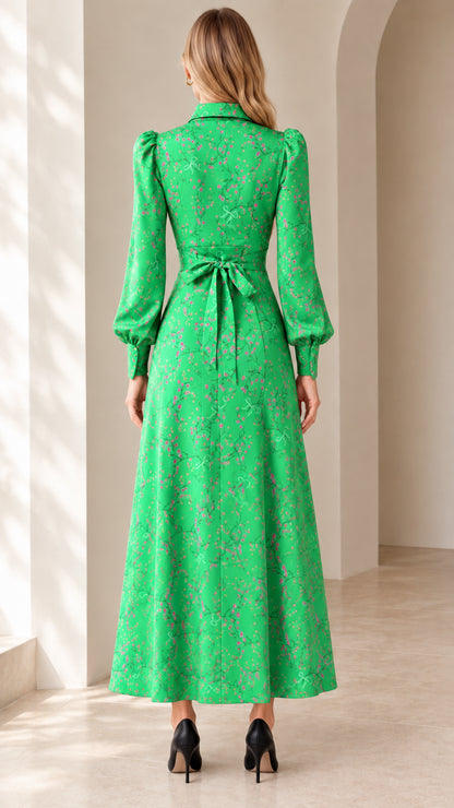 Back view of Emerald Green floral maxi dress showing tie-back waist design