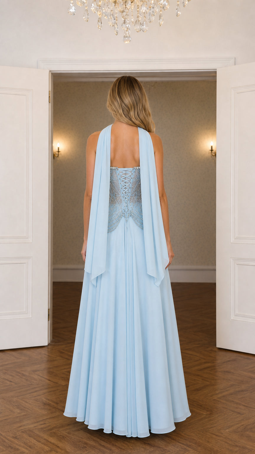 Back view of sky blue corset formal gown showing lace-up back and draping scarf