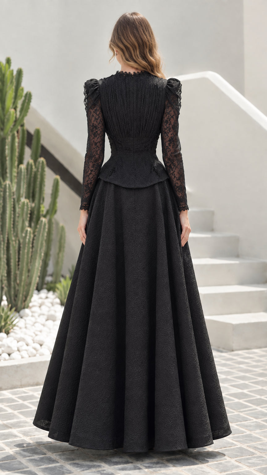 Back view of black A-line evening maxi gown