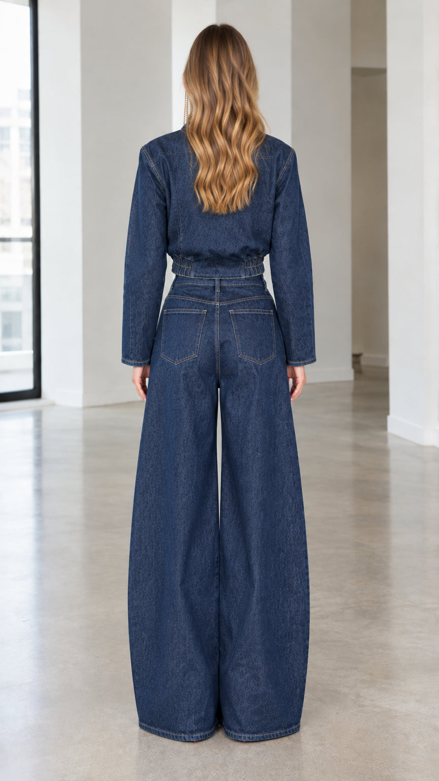 Back view of model in dark blue denim wrap jacket and high waist wide leg jeans