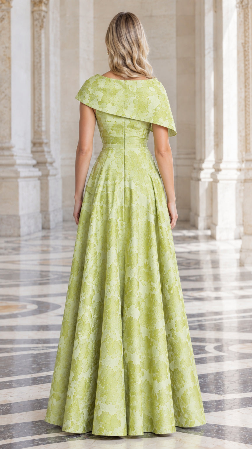Back view of Lime Green floral jacquard formal gown with elegant drape
