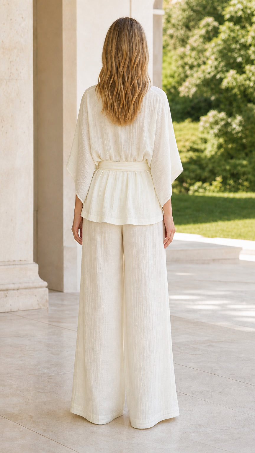 Back view of model wearing ivory textured two-piece pant set