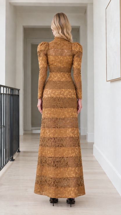 Back view of model wearing Mustard Brown high collar tiered lace maxi dress