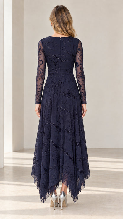 Back view of navy blue sequined long sleeve midi evening gown showing rear zipper closure