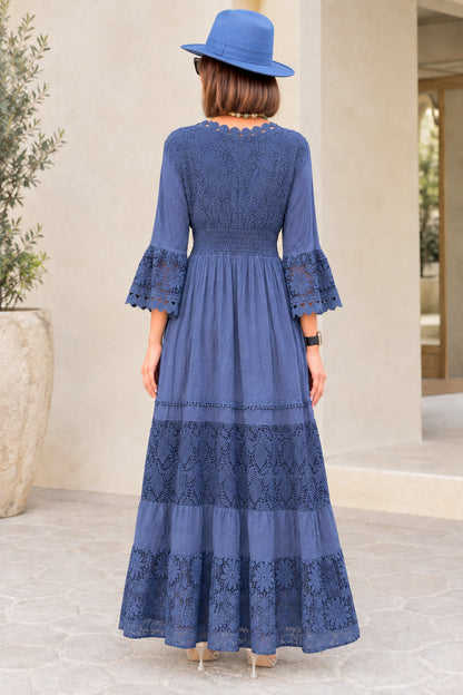 Back view of model in Slate Blue lace tiered maxi dress showing waist detail