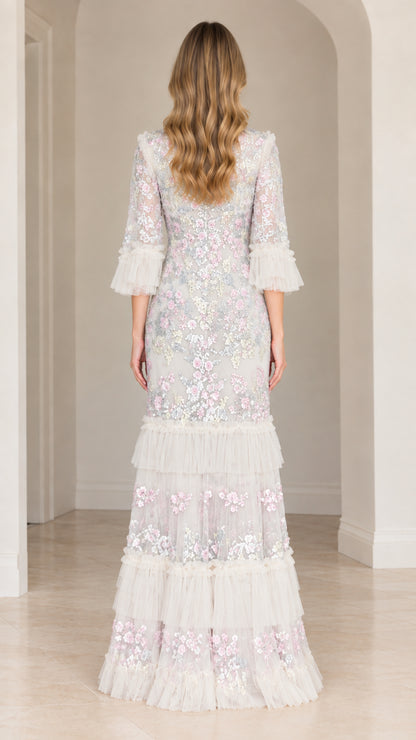 Back view of Ivory White sequin embroidered floor-length gown