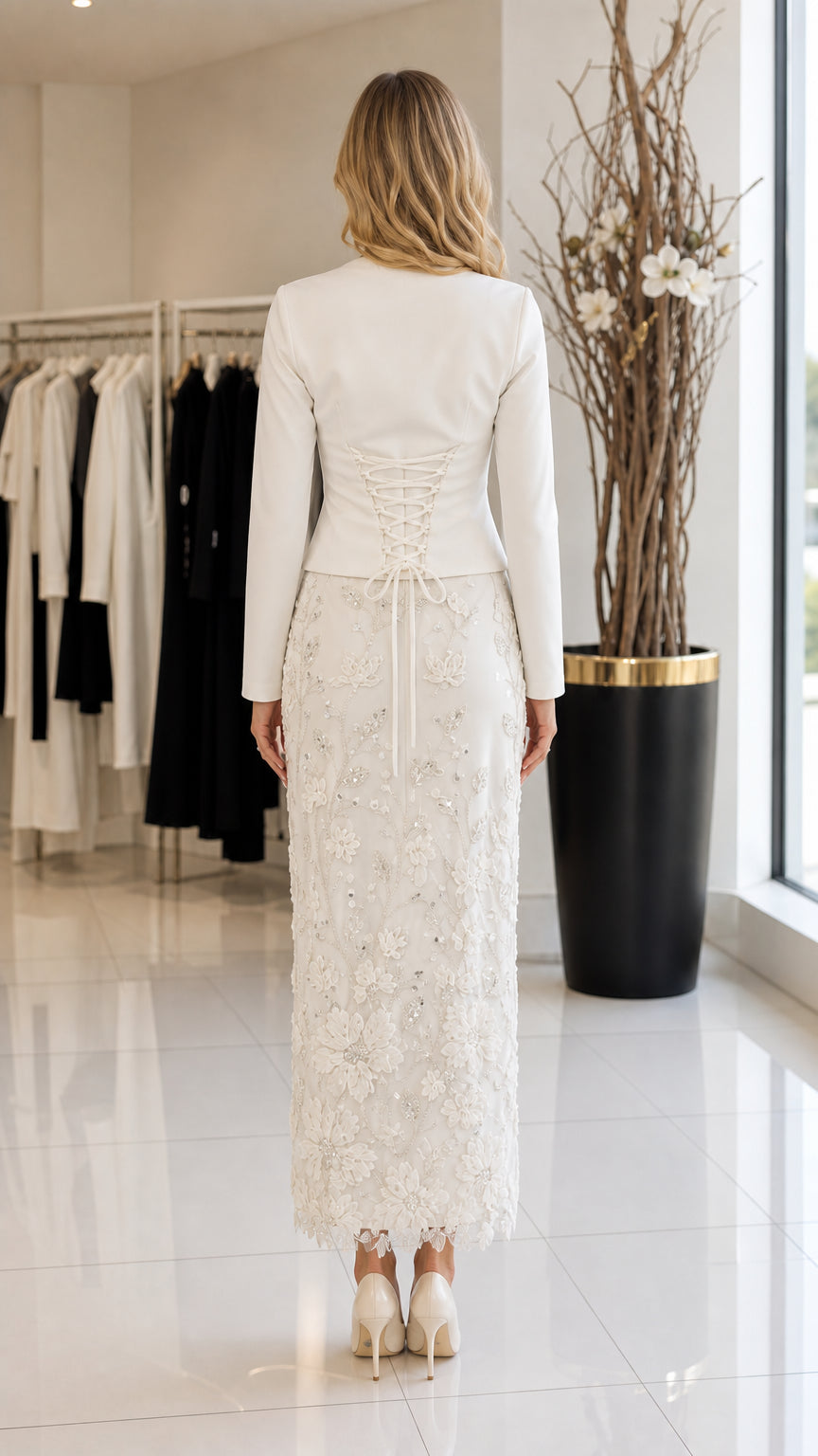 Back view of model showing lace-up corset detail on white tailored formal jacket