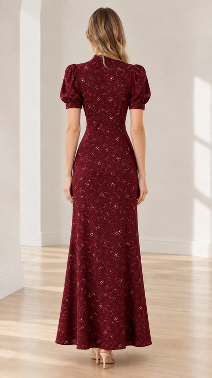 Back view of model wearing burgundy floral maxi dress showing seamless fit