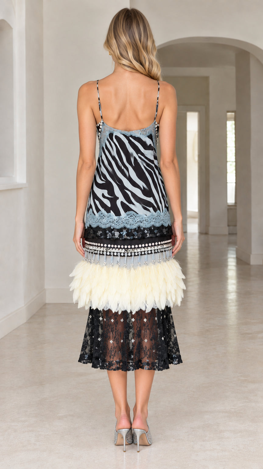 Back view of Sky Blue zebra print slip dress with low back and feather tier