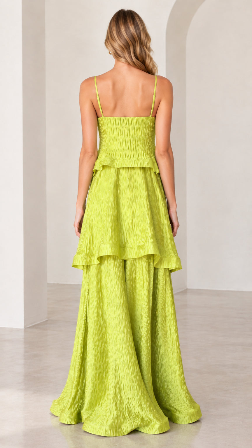 Back view of chartreuse sleeveless tiered maxi dress with adjustable straps
