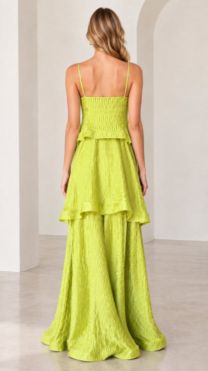 Back view of chartreuse sleeveless tiered maxi dress with adjustable straps