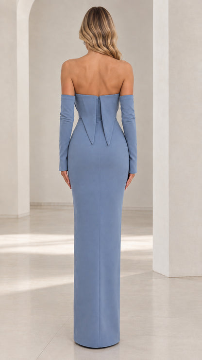 Back view of dusty blue strapless formal column gown showing structured back detail