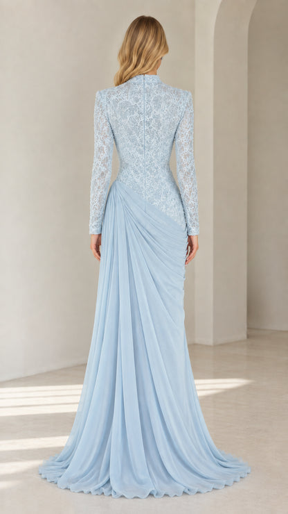Back view of light blue lace long sleeve formal gown with floor sweeping skirt