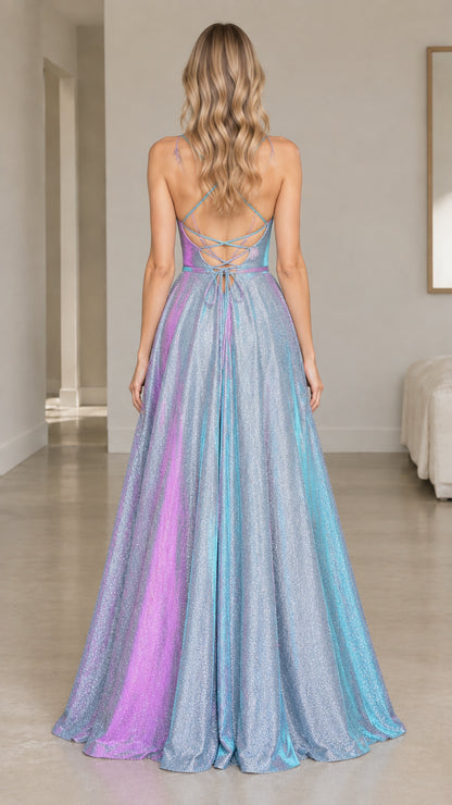 Back view of the iridescent blue maxi dress with crossed straps and lace-up detail