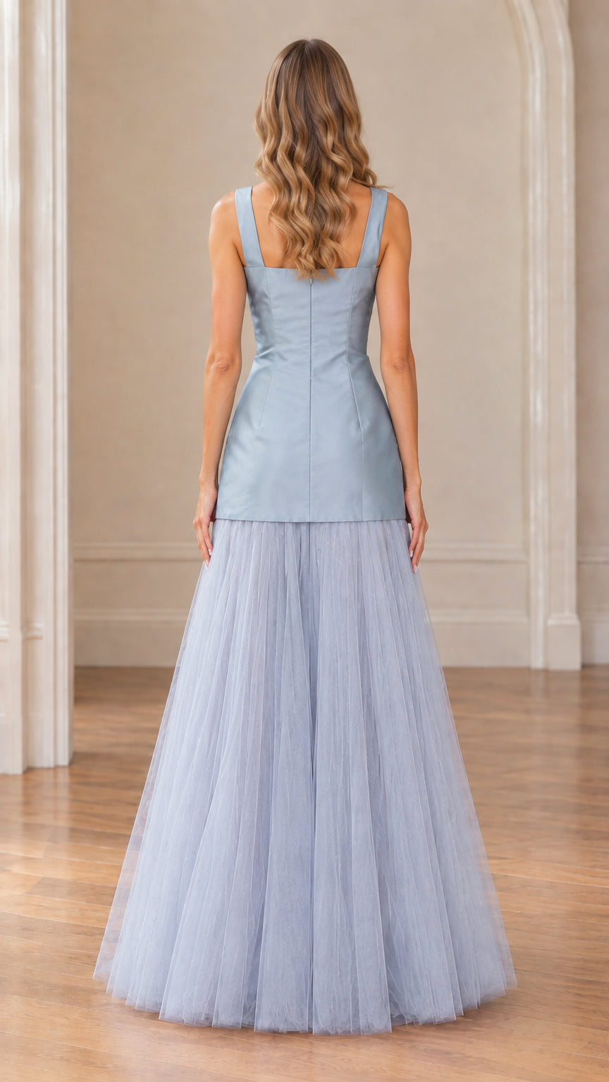 Dusty blue evening gown back view showing square back and invisible zipper