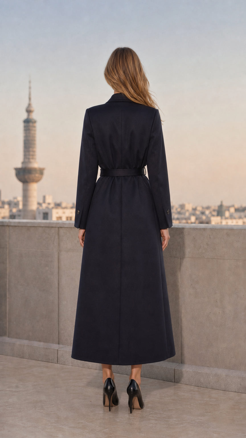 Back view of woman wearing ankle-length navy blue wrap overcoat