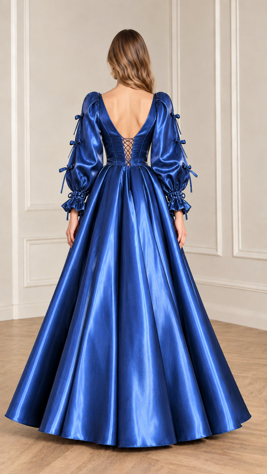 Back view of model in Royal Blue satin dress showcasing lace-up corset back