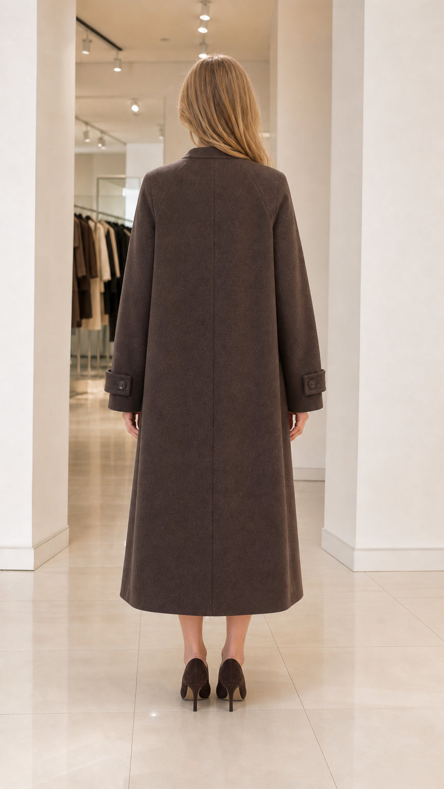 Back view of woman wearing tailored espresso brown maxi coat