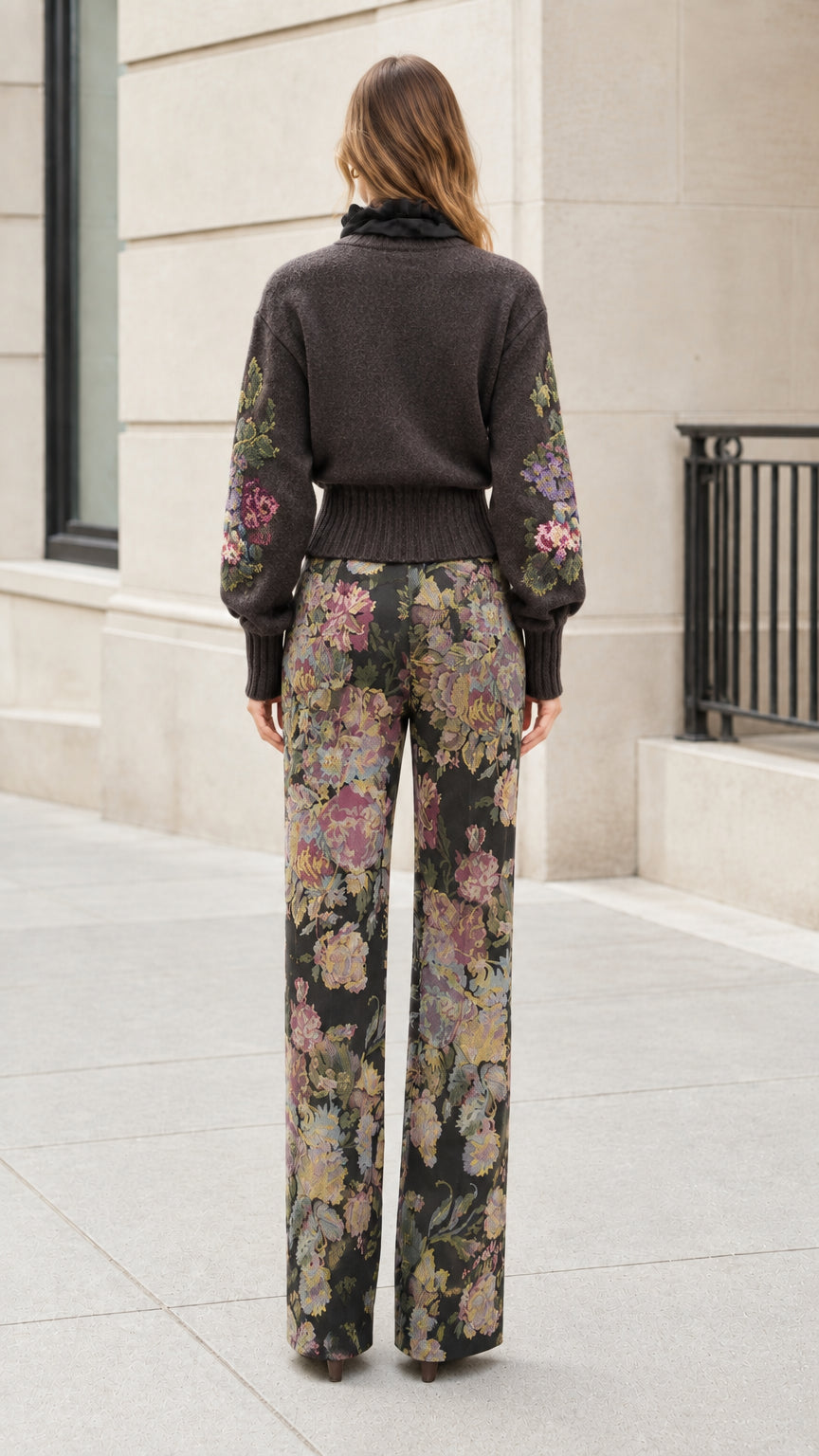Back view of model wearing Charcoal floral knit set