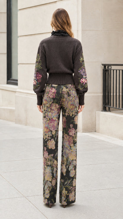 Back view of model wearing Charcoal floral knit set